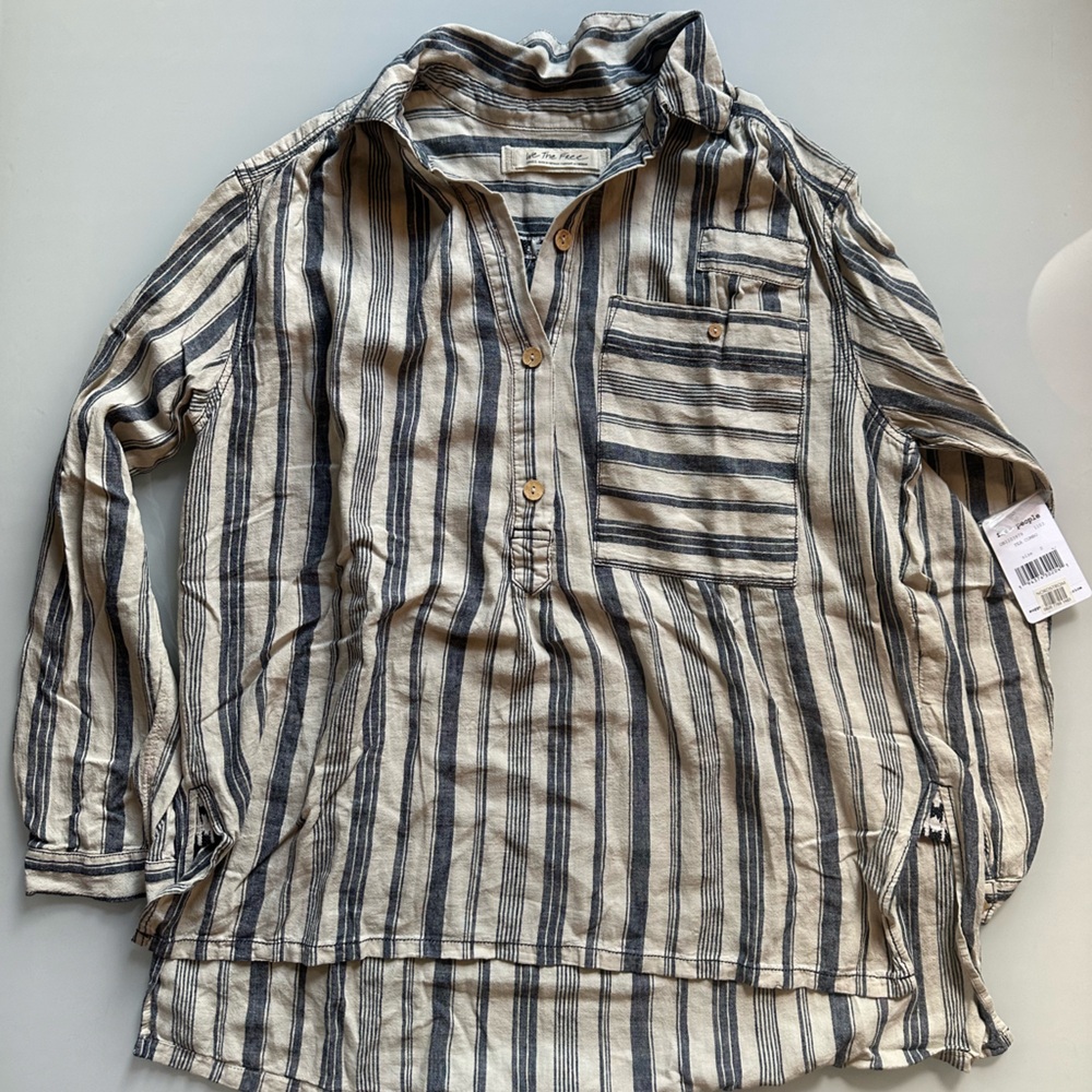 Free People Navy and Cream Striped Top